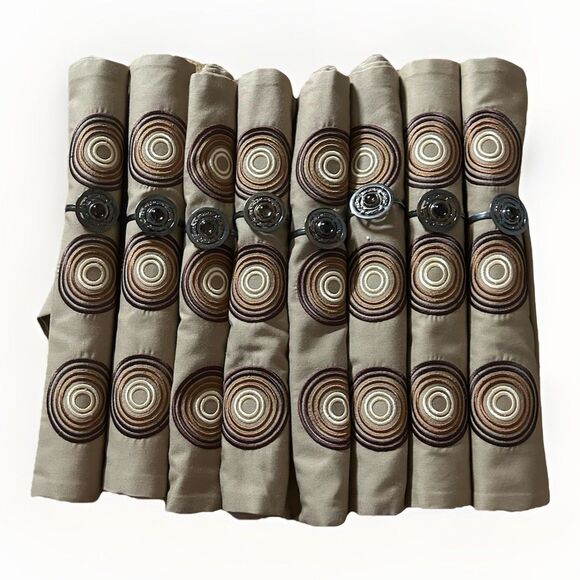 Set Of 8 Cloth Napkins With Rings 12x18 Tan Brown Circle Retro Statement Dining - Picture 1 of 5
